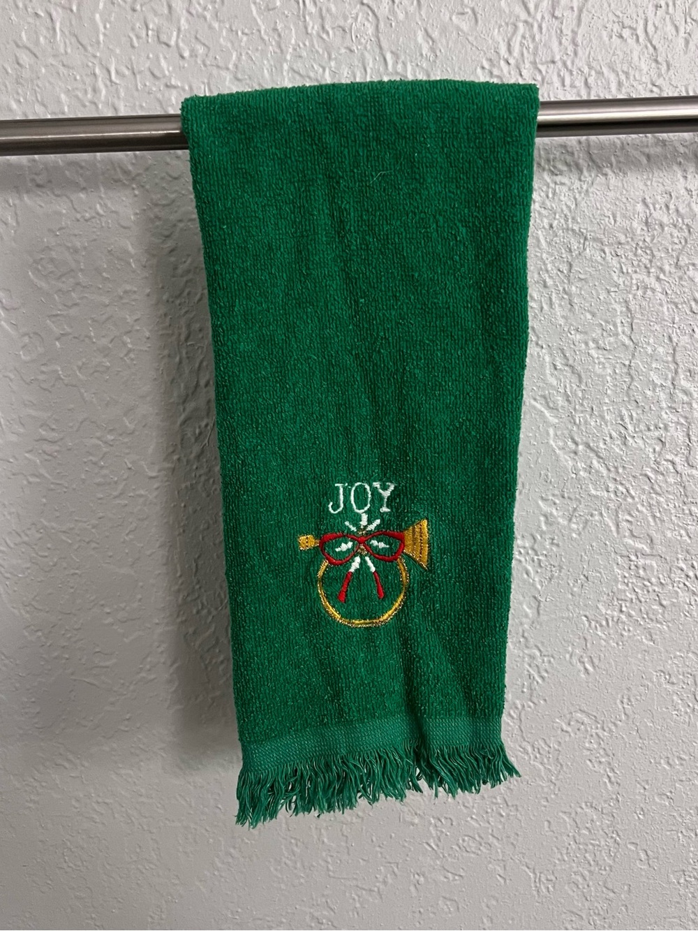 Vintage Cannon Christmas Hand Towel Green JOY Horn Embroidered Fringe Cotton
